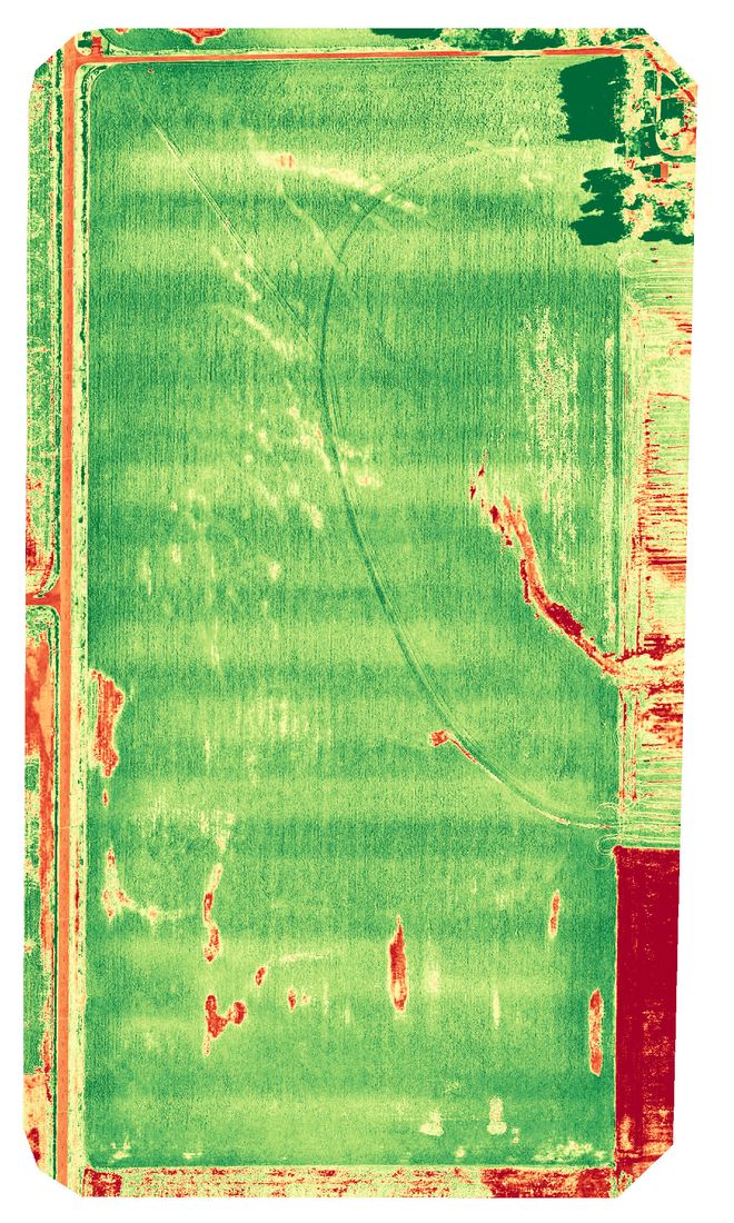 NDVI vegetation index map of the same crop field showing stressed areas in red